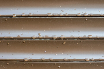 Close-up of brown roller shutter slats. There are drops of water on the surface after rain....