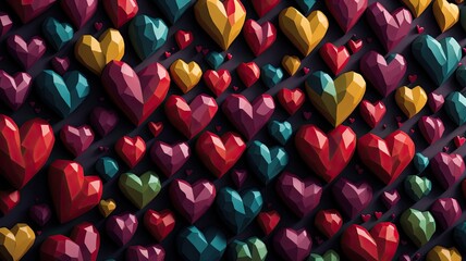 Valentine's day background with colorful hearts, 3d illustration, 3D colorful hearts on dark background, Copy space, Seamless Hearts 3D Background Pattern