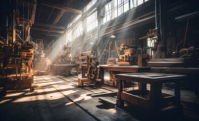 An empty furniture workshop with machinery and beautiful light.