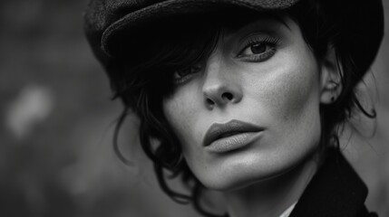 Portrait d'une femme de 40 ans une casquette Gavroche en noir et blanc avec un air mélancolique et pensif - obrazy, fototapety, plakaty
