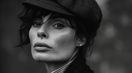 Portrait d'une femme de 40 ans une casquette Gavroche en noir et blanc avec un air mélancolique et pensif