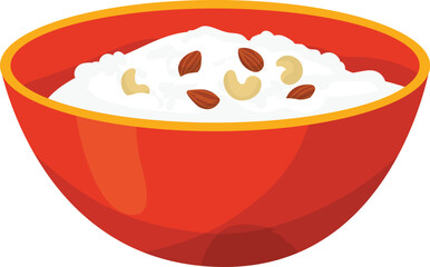 Bowl of yogurt with almonds and cashews vector illustration. Healthy food, nutritious snack, breakfast, dairy product.