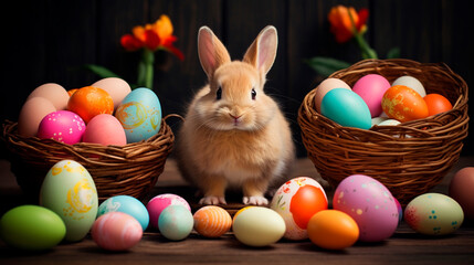 Fototapeta na wymiar rabbit and colorful eggs. Easter holiday concept.