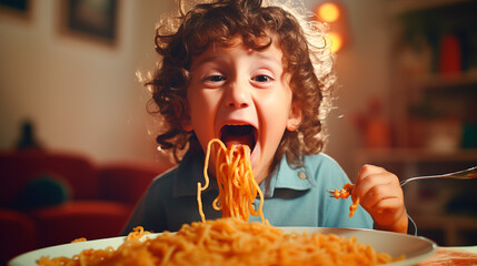 Happy boy eating tasty pasta at table in kitchen. - obrazy, fototapety, plakaty