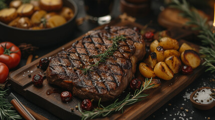 Obraz premium a perfectly cooked steak with rich, complemented by elegant side dishes and garnishes , Generative AI 
