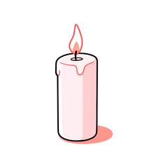 A minimalist depiction of a pink candle with a warm, soothing flame on a white background, creating a cozy ambiance.