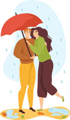 Couple sharing an umbrella in the rain, happy young man and woman cuddling. Love and romantic relationship in autumn weather vector illustration.