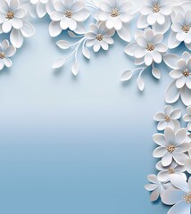  white carved flowers on a pale blue background with a place for congratulations.
