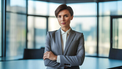 Portrait of a businesswoman standing crossed arms. Modern office in background. Business concept