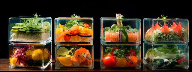 fresh products in transparent boxes for food.