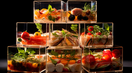 fresh products in transparent boxes for food.