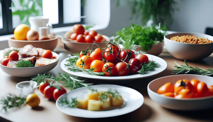 Table with appetizing dishes of Italian cuisine. Mediterranean diet. Healthy food, delicious meal