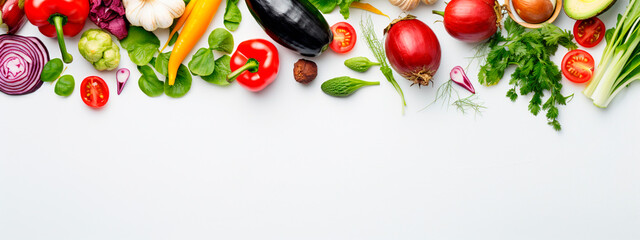 vegetables on white background top view place for text