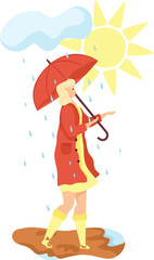 Blonde woman in red raincoat and yellow boots under an umbrella. Changing weather with sun and rain, optimistic spring concept. Vector illustration