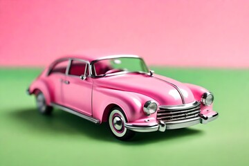 Model pink retro toy car positioned on a vibrant green background. The miniature car stands out, offering ample copy space around it for additional elements or text.