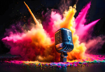 Old microphone with explosion of colored powder all around. Concept of singing and power of music