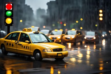 A yellow taxi cab waiting at a traffic light in a rain-soaked urban setting.