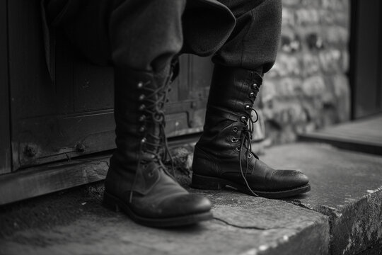 Nostalgic military portrait, WW2 uniform, black and white, worn leather boots, stoic gaze