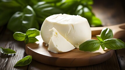 Mozzarella cheese with basil on wooden board. Natural italian dairy product. - obrazy, fototapety, plakaty