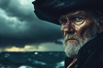 sea captain, weathered face, staring out at a stormy ocean