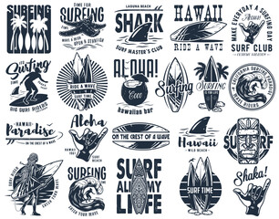 Summer surfing print set. Vector graphic surf collection. Monochrome apparel design for beach shirt - obrazy, fototapety, plakaty