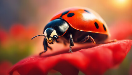 Naklejka premium Ladybird on a red flower. Ladybug close-up. Selective focus. AI generated