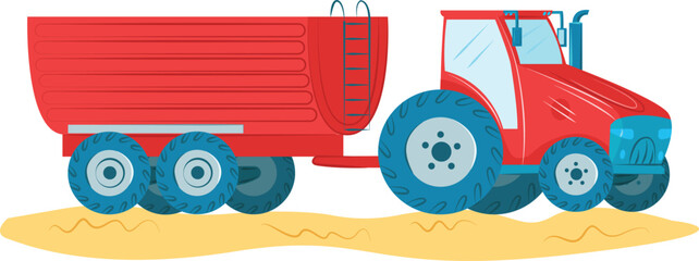 Red tractor pulling a trailer on a field. Cartoon style farm vehicle with a large trailer vector illustration.