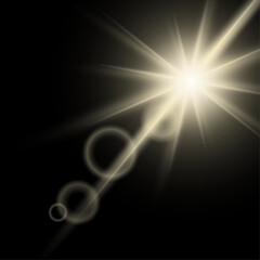 Beautiful sunlight with reflections on a black transparent background. Vector illustration. Transparent yellow sunlight special lens flash light effect.
