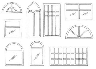 Window set graphic black white isolated sketch illustration vector 