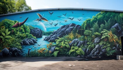 Colorful Mural Depicting Tropical Paradise Painted on Wall