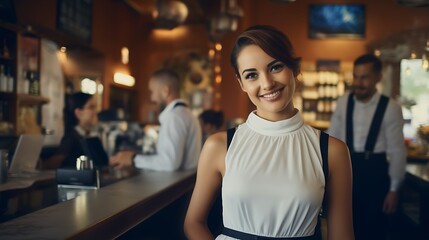 Young and attractive saleswoman, smiling happily, cashier serving customers