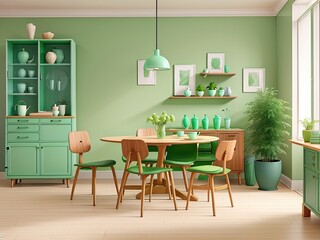 Mint colored chairs surround a round wooden dining table in a room with a green wall, a sofa, and a cabinet. Scandinavian modern living room interior design from the mid-1900s.