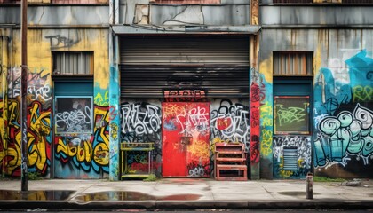 Fototapeta na wymiar Abandoned Building Covered in Colorful Graffiti Artwork