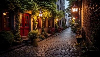 Cobblestone Street at Night With Red Door