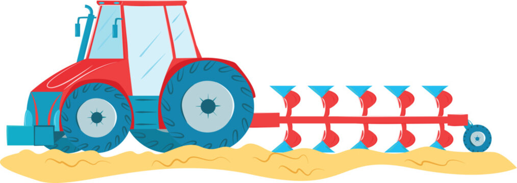 Red and blue tractor plowing sandy field. Modern agriculture machine working on the farm. Farming equipment and agricultural work vector illustration.