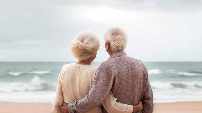 happy elderly lovers on the beach