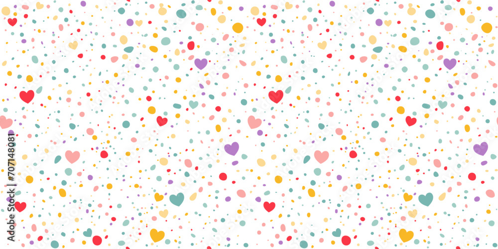 Poster Funky Colorful Seamless Pattern with Hearts and Dots. Vector Love Texture with Sprinkle Confetti