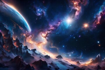 Obraz na płótnie Canvas Imagine a dreamlike cosmic landscape featuring a whimsical galaxy with swirling stars and a magical nebula.