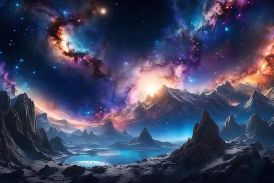 Imagine a dreamlike cosmic landscape featuring a whimsical galaxy with swirling stars and a magical nebula. 

