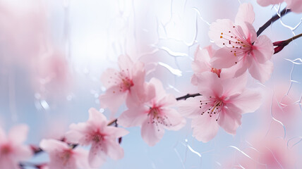 Pink background for spring, calmness, peace, love or cancer concepts. Cherry blossoms in bloom, symbolizing renewal and hope. Elegant pink petals in ice. Frosty beautiful natural winter or spring