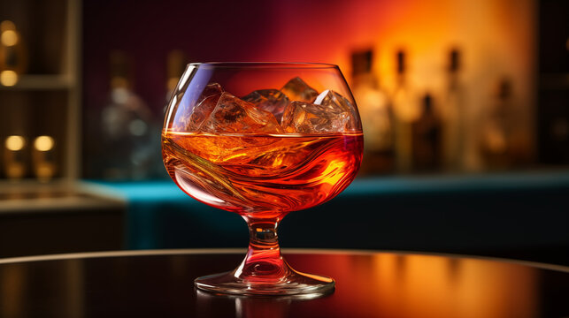Sunset-Colored Cocktail in Elegant Bar with Mood Lighting