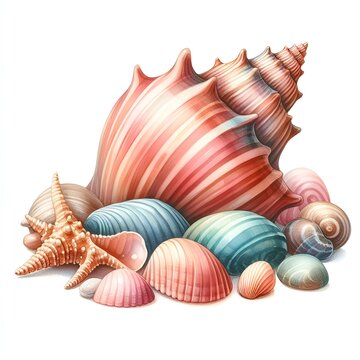 watercolor paint ocean shell with pearl illustration