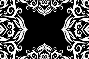 Beautiful black and white frame gradient flowers line art pattern of indonesian culture traditional tenun batik ethnic dayak ornament