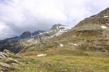 Fototapeta na wymiar Passo Spluga ( Splügen Pass ) marking the boundary between Italy and Switzerland