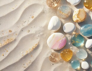Bright pastel watercolour background with colorful shiny stones on white sand beach, golden light and copyspace. 
