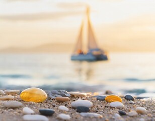 Bright  colorful shiny stones on white sand beach, warm golden light, sailing boat on the sea in background. 