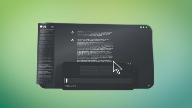 interface of artificial intelligence software for prompt input and creation of ai texts and images, 3d animation