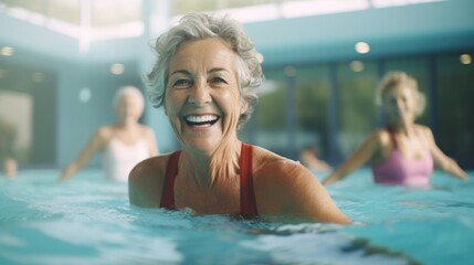 senior ladies participating in aqua aerobics class with enthusiasm, bonding and exhibiting a fit, retired lifestyle.