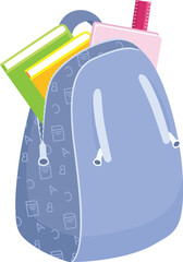 Blue school backpack with books and ruler sticking out. Cartoon style back to school concept. Kids backpack for education vector illustration.