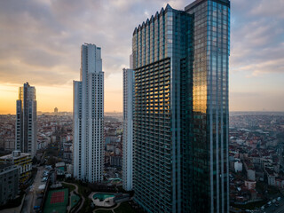 Istanbul's glass and concrete skyscrapers, home to offices, hotels, and residential complexes. Aerial drone view
